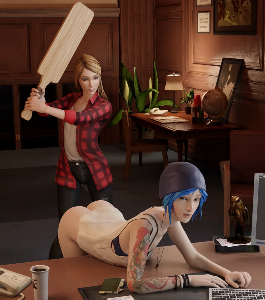 2girls 3d ass bare_ass beanie_hat bent_over bent_over_table blender blonde_hair blue_eyes blue_hair chloe_price discipline dominant_female dyed_hair eye_contact female female_only femdom green_eyes indoors jeans kinkblink life_is_strange multiple_girls naughty office paddle plaid_shirt pov_eye_contact principal_office punishment punk rachel_amber slapping_butt spanked_butt spanking square_enix submissive video_games yuri