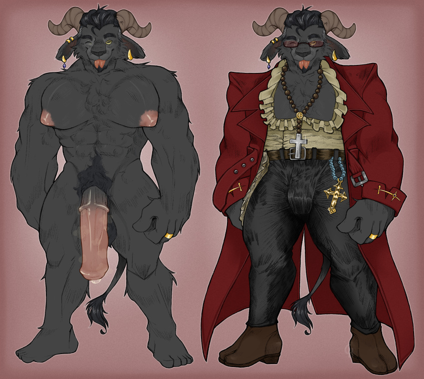 absurd_res animal_genitalia animal_penis anthro big_nipples big_penis bovid bull_tail caprine clingyhyena clothed clothing equine_genitalia equine_penis genitals goat hi_res male mammal model_sheet muscular nipples original_character penis solo tongue tongue_out