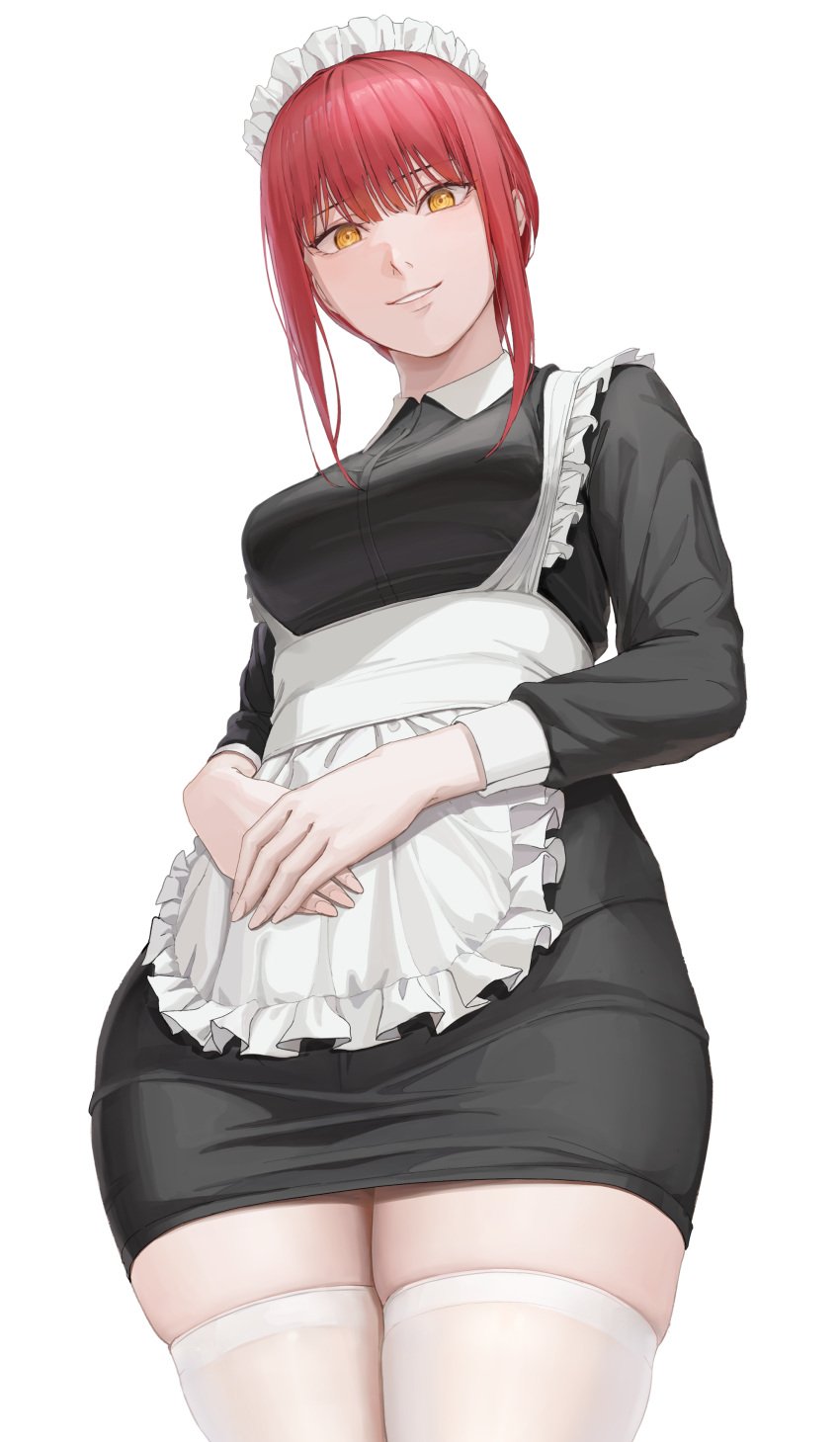 alternate_costume ano_(gccx8784) apron bangs black_dress breasts chainsaw_man collared_dress female female_only fully_clothed looking_at_viewer maid maid_uniform makima_(chainsaw_man) red_hair ringed_eyes sidelocks smiling squish standing stockings thighhighs thighs uniform yellow_eyes