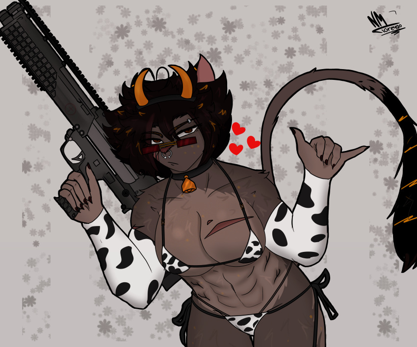 abs absurd_res animal_print anthro arthropod bell bell_collar big_breasts bikini breasts clothed clothing collar cow_print dani_von_maschinegewehr eyewear felid feline felis female fur gun hair hi_res holding_gun holding_object holding_ranged_weapon holding_weapon horn hybrid hymenopteran insects looking_at_viewer mammal muscular muscular_anthro muscular_female nomoretigre420 ranged_weapon scar simple_background sleeves solo swimwear tail thick_thighs tomboy wasp weapon wildcat