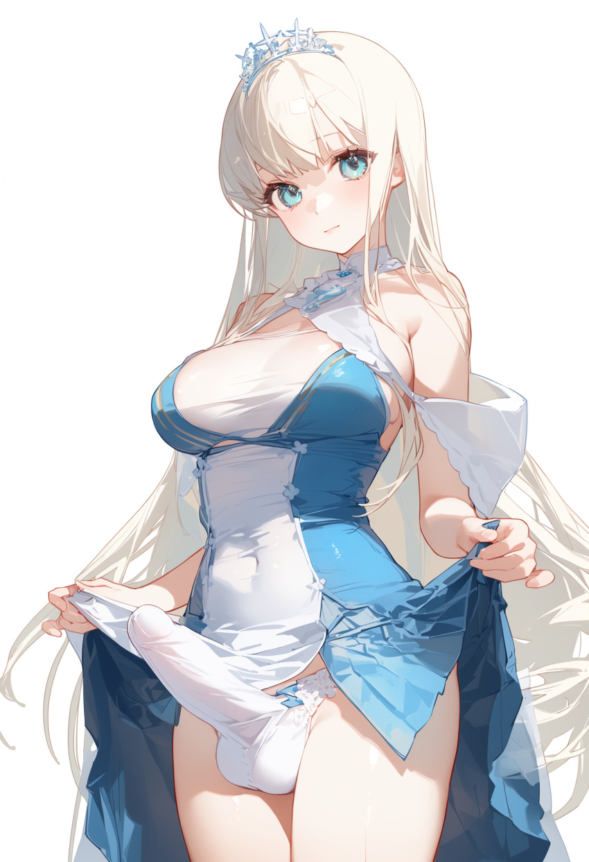 ai_generated balls bare_shoulders blue_dress blue_eyes breasts bulge clothed dress dress_lift erect erect_penis erection futa_only futanari koni_(pixiv_11261350) lifting_clothing long_hair penis penis_in_panties penis_shaped_bulge revealing_penis simple_background solo solo_futa standing tiara white_background white_hair