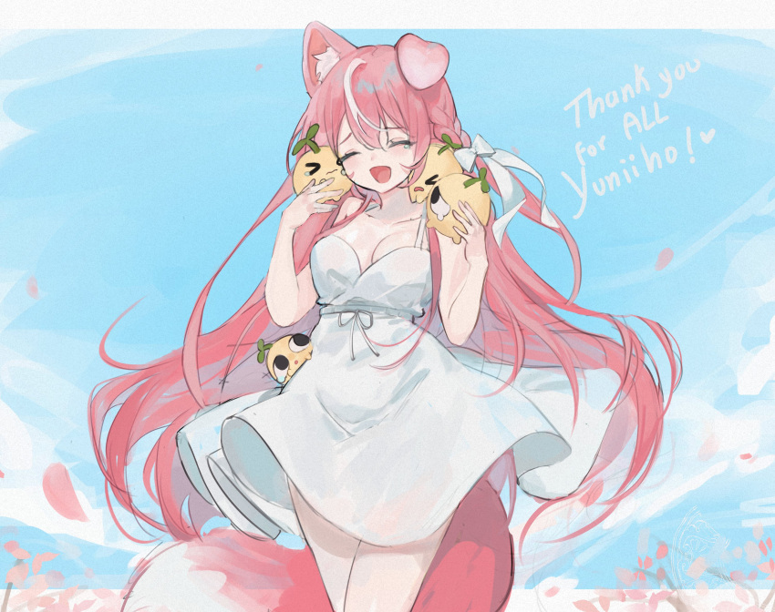 1girl animal_ears bare_shoulders blue_eyes breasts cat_ears cleavage closed_eyes day dog_ears dog_girl dress female food hair_ornament holding holding_food large_breasts long_hair open_mouth petals pink_hair sky sleeveless_dress smile solo sundress tail very_long_hair virtual_youtuber vyugen white_dress yuniiho_(character)