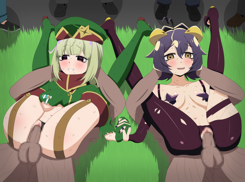 2girls araga_kiwi breasts censored clothed_female_nude_male clothed_sex demon_horns double_full_nelson duo_focus female_focus full_nelson full_nelson_(legs_held) full_nelson_vaginal garter_belt hiiragi_utena holding_hands jgamerhc leopard_(mahou_shoujo_ni_akogarete) magia_baiser mahou_shoujo_ni_akogarete military_hat military_uniform mosaic_censoring multiple_boys panties_aside pasties penis public public_nudity public_sex purple_hair pussy sex short_hair straight thick_thighs thighhigh_boots thighhighs thighs tights torn_clothes vaginal_penetration