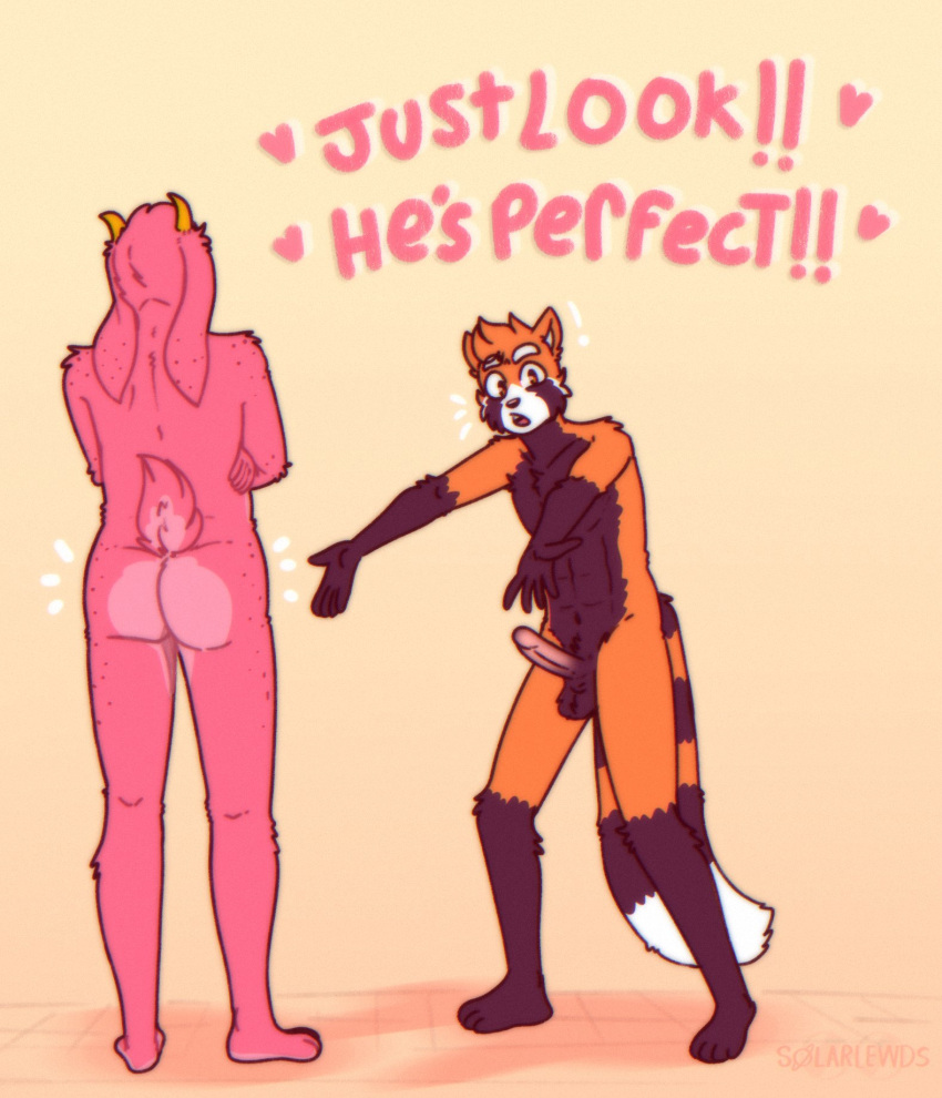 ailurid anthro ass blush bovid caprine dialogue digital_media_(artwork) duo english_text erection fur genitals goat hair heart_symbol hi_res humor lilian_(solarlewds) male male/male mammal mars_(solarlewds) meme multicolored_body multicolored_fur nude penis red_panda romantic romantic_couple simple_background solarlewds text