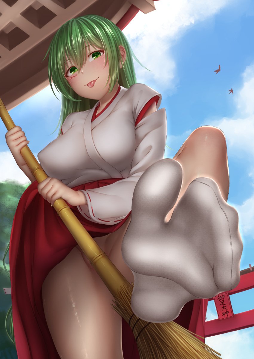 :p bamboo_broom bird blue_sky blush breasts broom clothes_lift cloud convenient_censoring day feet feet_visible_through_clothing female foot_focus foreshortening from_below green_eyes green_hair hair_between_eyes hakama hakama_skirt highres holding holding_broom japanese_clothes kimono large_breasts leg_up long_hair long_sleeves looking_at_viewer miko no_panties no_shoes outdoors paid_reward_available red_hakama skirt sky smile socks soles solo standing standing_on_one_leg tabi toes toes_visible_through_clothing tongue tongue_out torii very_long_hair white_kimono white_socks wide_sleeves yui_hiroshi