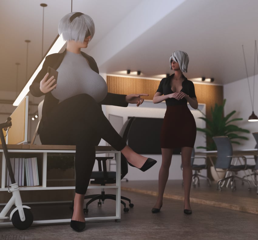 2girls 3d 3d_(artwork) big_breasts black_blindfold blindfold breasts clothed clothed_female female female_focus female_only giantess hair_over_one_eye height_difference jgrfgts meiiriart meiirii mini_giantess nier nier:_automata office office_lady sitting sitting_down size_difference standing talking video_game_character white_hair yorha_2b yorha_a2