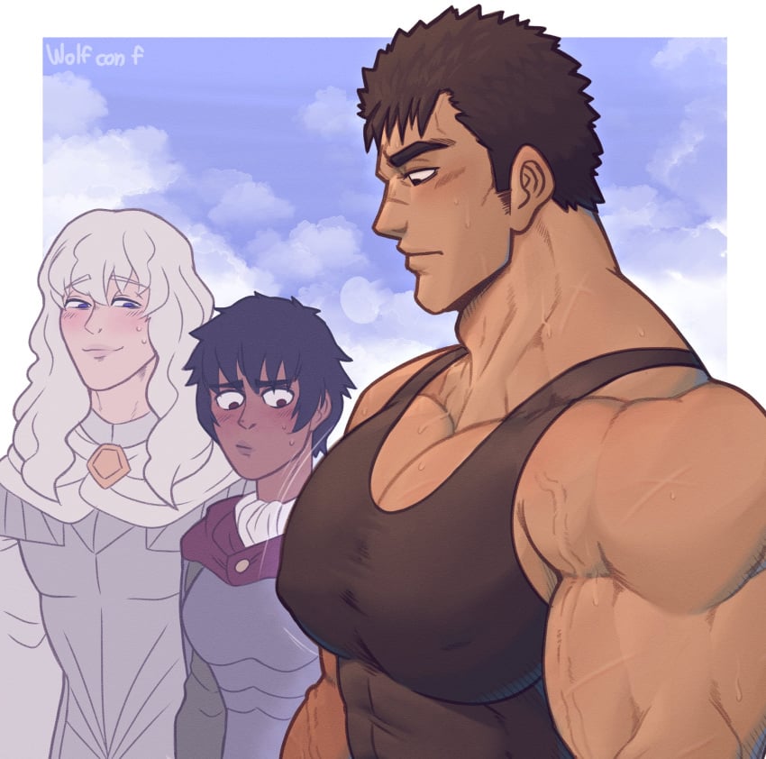 1girls 2boys armor bara barazoku berserk bisexual bisexual_male black_hair blush canon_couple casca clothed dark-skinned_female dark-skinned_male erect_nipples excited female girl_staring_at_guy's_chest griffith guts_(berserk) human large_pectorals larger_male male male_focus male_nipples meme multiple_boys serious shirt size_difference smaller_female smaller_male strong surprised surprised_expression thick_arms thick_eyebrows thick_neck veiny_arms veiny_muscles white_hair white_skin wolf_con_f