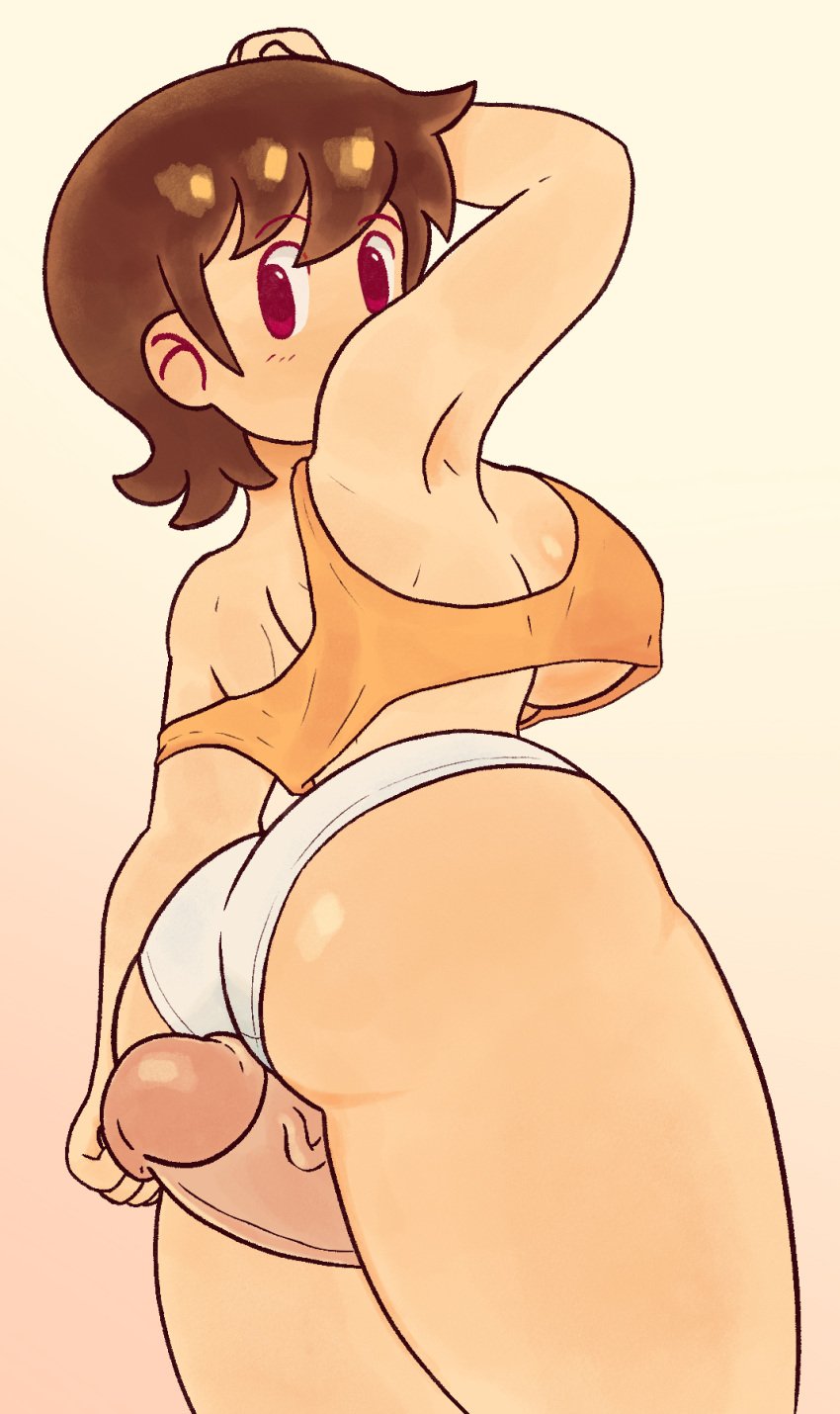 1boy 1girls aged_up aioi_yuuko armpit armpit_peek ass back back_view brown_hair crop_top disembodied_penis dozo_gon female hand_on_own_head large_breasts nichijou orange_shirt panties penis purple_eyes short_hair sideboob solo_focus thick_thighs thigh_sex thighs underboob veiny_penis