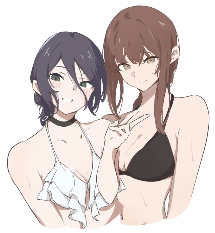 2girls atenaba bare_arms bikini black_bikini black_choker blush breasts chainsaw_man cleavage makima_(chainsaw_man) red_hair reze_(chainsaw_man) ringed_eyes smile swimsuit upper_body wet