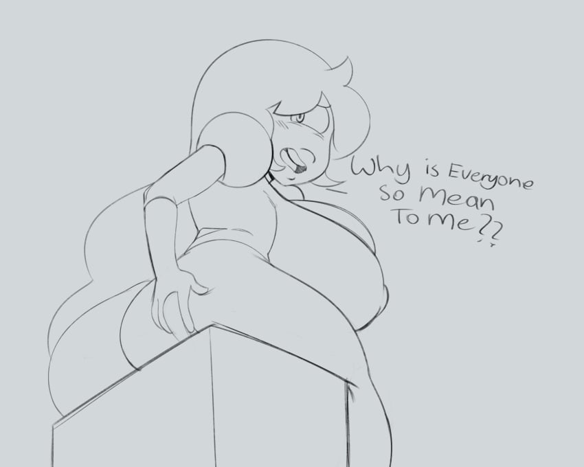 big_ass big_breasts big_lips blush cyclops dialogue gem_(species) gloves hand_on_butt long_hair meme monochrome partially_clothed pov puffy_short_sleeves sapphire_(steven_universe) sitting sketch solidus steven_universe