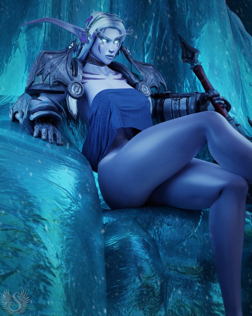 1girls 3d blue_eyes blue_skin bottomless curvy curvy_female curvy_figure death_knight death_knight_(warcraft) elf female female_only hips legs legs_crossed looking_at_viewer night_elf night_elf_female nose_piercing pale-skinned_female pale_skin pose posing solo thighs undead_(warcraft) warcraft white_hair world_of_warcraft wow