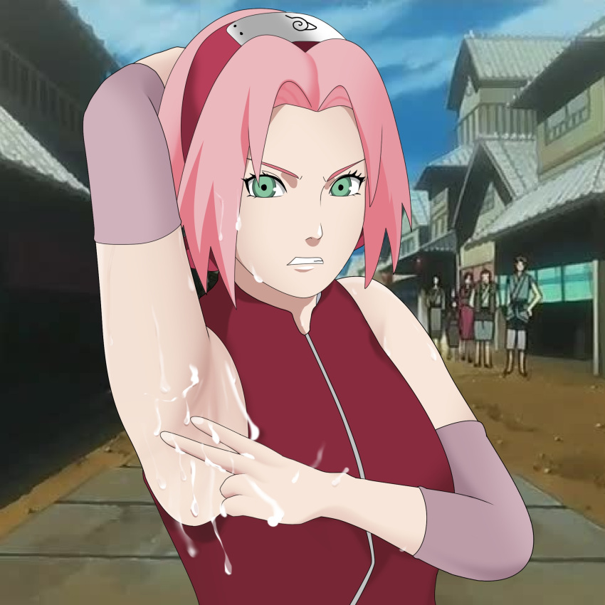 1girls armpit armpit_crease armpit_cum armpit_fetish armpit_sex armpits arms_behind_back arms_up cum cum_in_armpit cumshot female female_focus human konoha konohagakure_symbol naruto naruto_shippuden pov public public_humiliation red_clothing sakura_haruno showing_armpits solo_focus spreading_armpit sweat sweatdrop white_skin