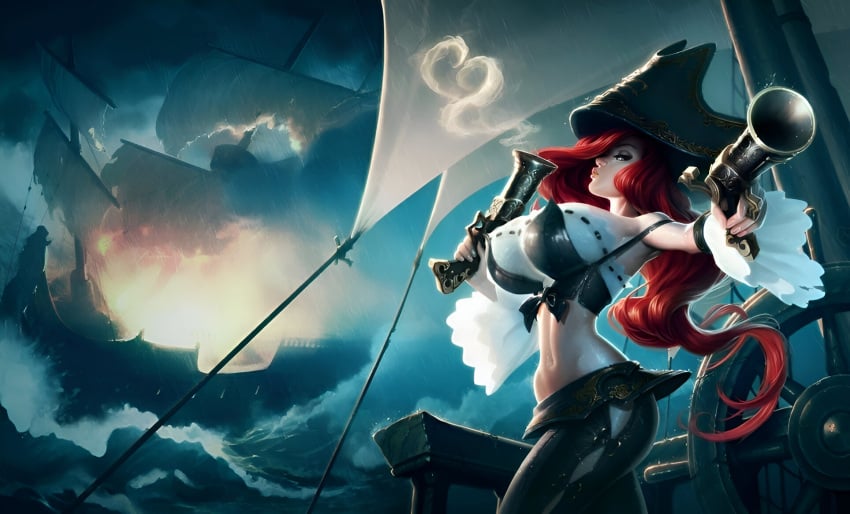 big_breasts breasts_bigger_than_head edit edited edited_official_artwork fixing gun guns hips hourglass_figure huge_breasts league_of_legends miss_fortune official_artwork_edit pirate pirate_hat pose posing red_hair sarah_fortune skinny thin_waist tight_clothing top_heavy_breasts wallpaper