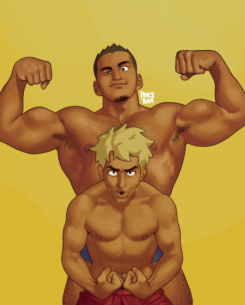 2boys 2males angel_(vinceteaa) armpit_hair armpits bara beard beard_stubble blonde_hair brown_eyes brown_hair cocky flexing flexing_arms flexing_bicep flexing_muscles funny_face gay hi_res highres lad male_only miguel_(vinceteaa) muscles muscular muscular_arms nipples original_characters pants pubes shirtless shirtless_male underwear vinceteaa yaoi