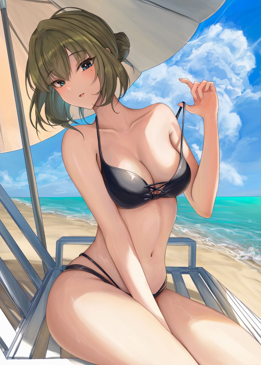 ass ass_visible_through_thighs beach beach_umbrella bikini blush hand_between_legs idolmaster idolmaster_cinderella_girls looking_aside nail_polish nyome991 pulling_bikini_string seductive sitting takagaki_kaede thighs umbrella