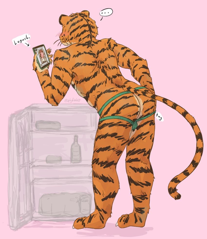 alcohol animal_humanoid anthro ass back_muscles backsack balls beastars beer beer_bottle bengal_tiger beverage beverage_can biceps bill_(beastars) blush bottle bottomwear bulge canid canine canis clothed clothing digital_media_(artwork) duo english_text erection felid felid_humanoid fur genitals green_bottomwear green_clothing hi_res holding_object holding_phone horny humanoid jockstrap leaning leaning_forward leaning_on_object leg_markings legoshi_(beastars) male male/male mammal mammal_humanoid markings muscular orange_body orange_fur pantherine partially_clothed paws penis phone phone_screen phone_sex presenting presenting_balls presenting_hindquarters presenting_penis pulling_underwear rear_view removing_underwear sexting simple_background solo spicyfish157 striped_body striped_fur stripes tan_body tan_fur text texting thigh_markings tiger topless topless_anthro topless_humanoid topless_male underwear undressing wolf