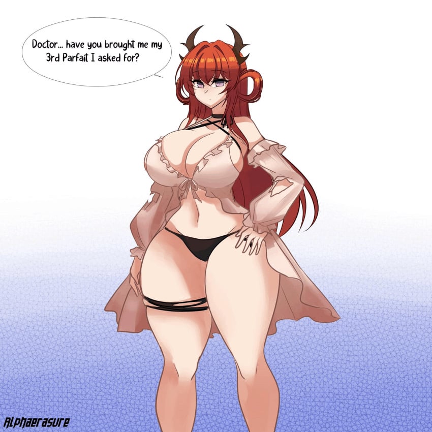 alphaerasure animated arknights ass_expansion barely_contained barely_contained_breasts big_breasts bikini blush breast_expansion breasts crossfade english_text hourglass_expansion huge_ass huge_breasts huge_thighs hyper hyper_ass hyper_breasts looking_at_viewer orange_hair purple_eyes surtr_(arknights) text thighs thin_waist