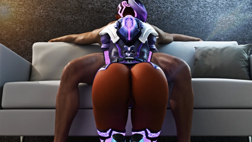 1boy 1girls 3d couch dark-skinned_female dat_ass dustyboyo fellatio female light-skinned_male male on_knees overwatch overwatch_2 sitting sombra