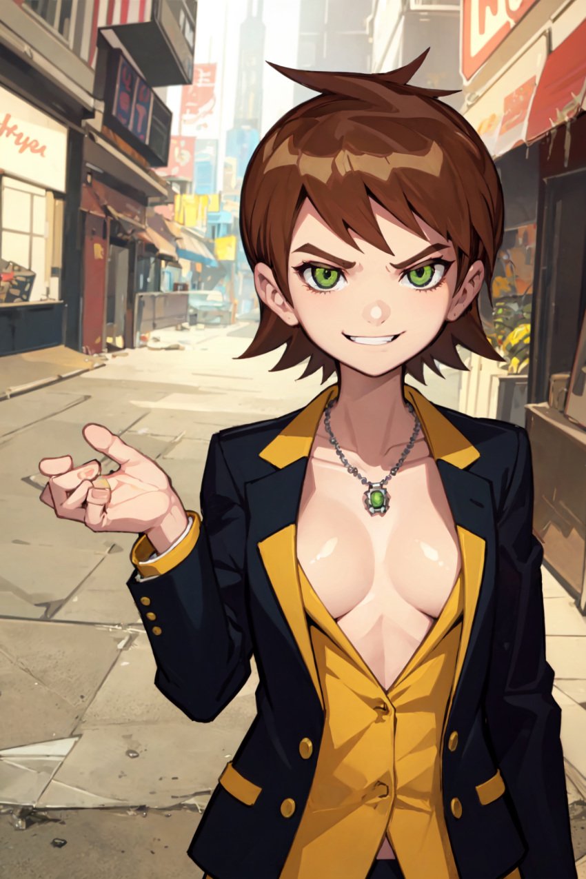 ai_generated ben_10 ben_tennyson blazer bracelet brown_hair business_suit cleavage dress_pants female_ben genderswap genderswap_(mtf) green_eyes necklace no_bra open_suit plunging_neckline rule_63 short_brown_hair short_hair small_breasts smirk suit suit_jacket yellow_shirt