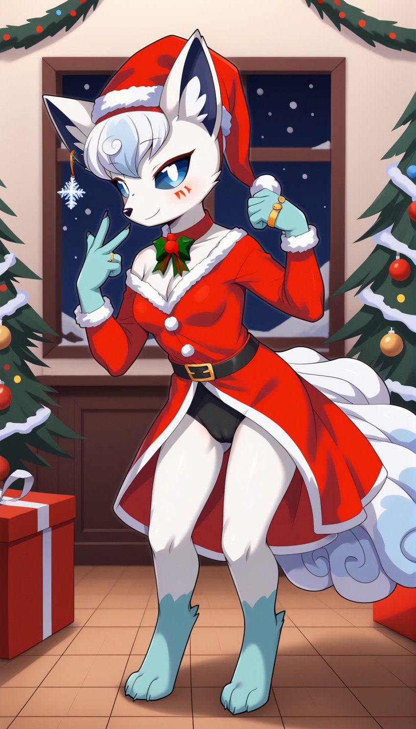 1girls 2024 ai_generated alolan_vulpix anthro bare_shoulders blue_eyes blue_fur blushing cameltoe choker christmas christmas_outfit cleavage digitigrade ear_piercing ear_ring face_paint female female_only generation_1_pokemon generation_7_pokemon gold_jewelry hi_res holidays indoors inner_ear_fluff looking_at_viewer multiple_tails night nintendo pokemon pokemon_(species) regional_form_(pokemon) santa_costume santa_hat snow snowflake snowing tails white_fur