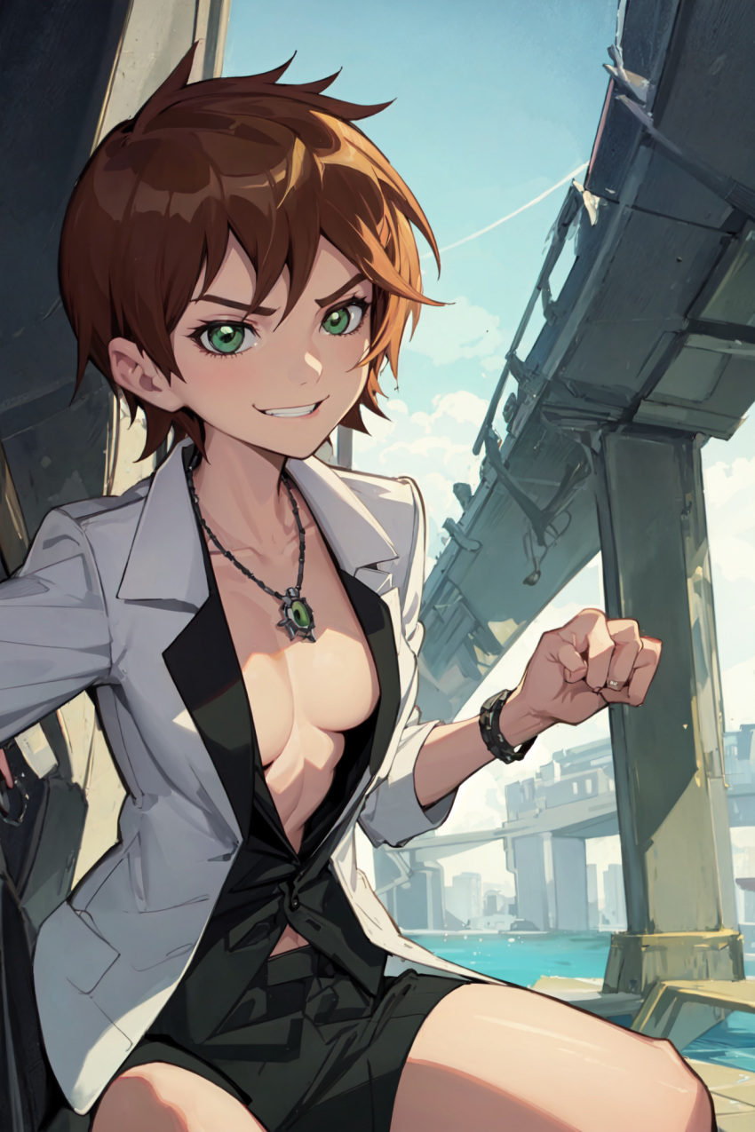 ai_generated ben_10 ben_tennyson black_dress_shirt blazer bracelet brown_hair business_suit cleavage female_ben genderswap genderswap_(mtf) green_eyes necklace plunging_neckline rule_63 short_brown_hair short_hair shorts small_breasts smirk suit suit_jacket unbuttoned_shirt white_suit