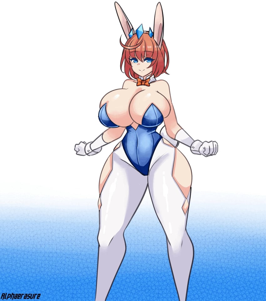 alphaerasure ass_expansion barely_contained barely_contained_breasts big_ass big_breasts blue_clothing blue_eyes blush breast_expansion bunny_ears bunny_girl bunny_tail bunnysuit corset crown gif gloves hourglass_expansion orange_hair suprised thick_thighs white_clothing