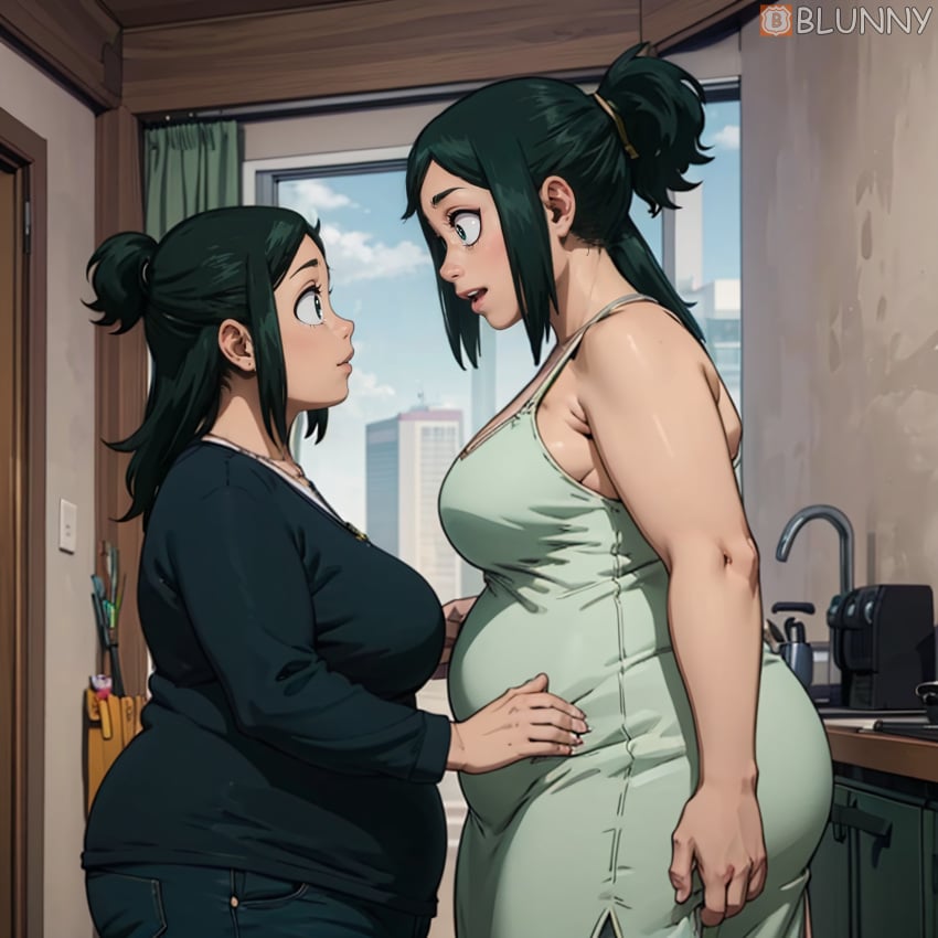 2girls 3d ai_generated bbw belly big_ass big_belly big_breasts blunny boku_no_hero_academia breasts chubby_female clothed dress fat fat_woman female female_human female_only green_eyes green_hair human inko_midoriya jeans mature_female midoriya_inko milf miniskirt my_hero_academia pants skirt stable_diffusion