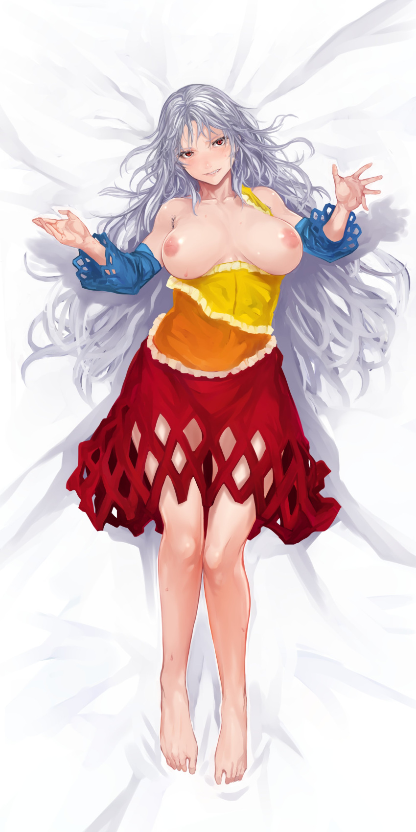 1girl absurdres armpit_hair bare_legs bare_shoulders barefoot beckoning blue_sleeves breasts breasts_apart breasts_out collarbone commentary_request dakimakura_(medium) detached_sleeves dress eyelashes fang from_above full_body grey_hair grin hands_up head_tilt highres inverted_nipples knees_together_feet_apart large_breasts long_hair looking_at_viewer lying mature_female medium_dress milf multicolored_clothes multicolored_dress nemuno_sakata no_bra nuppehofu_(nibuta) on_back open_hand orange_dress outstretched_hand reaching reaching_towards_viewer red_dress red_eyes sakata_nemuno seductive_smile shiny_skin single-shoulder_dress single_strap smile solo spread_fingers sweat toes touhou v-shaped_eyebrows very_long_hair wavy_hair yellow_dress