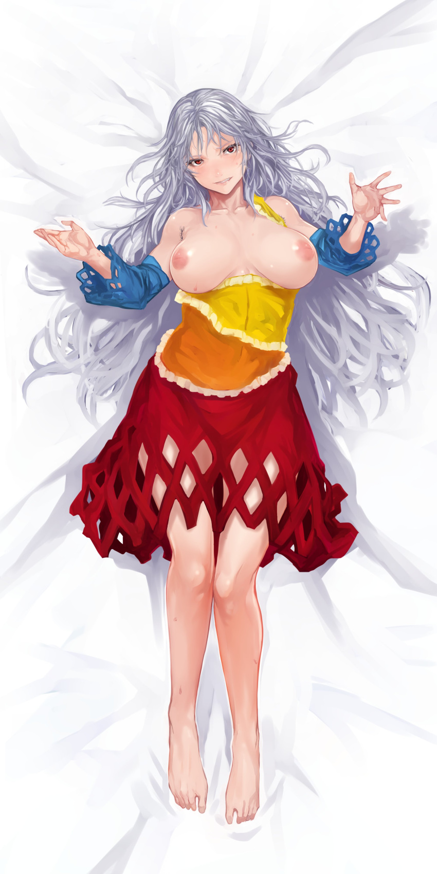 1girls absurdres armpit_hair bare_legs bare_shoulders barefoot beckoning blue_sleeves breasts breasts_apart breasts_out collarbone commentary_request dakimakura_(medium) detached_sleeves dress eyelashes fang female from_above full_body grey_hair grin hands_up head_tilt highres inverted_nipples knees_together_feet_apart large_breasts long_hair looking_at_viewer lying mature_female medium_dress milf multicolored_clothes multicolored_dress nemuno_sakata no_bra nuppehofu_(nibuta) on_back open_hand orange_dress outstretched_hand reaching reaching_towards_viewer red_dress red_eyes sakata_nemuno seductive_smile shiny_skin single-shoulder_dress single_strap smile solo spread_fingers sweat toes touhou v-shaped_eyebrows very_long_hair wavy_hair yellow_dress