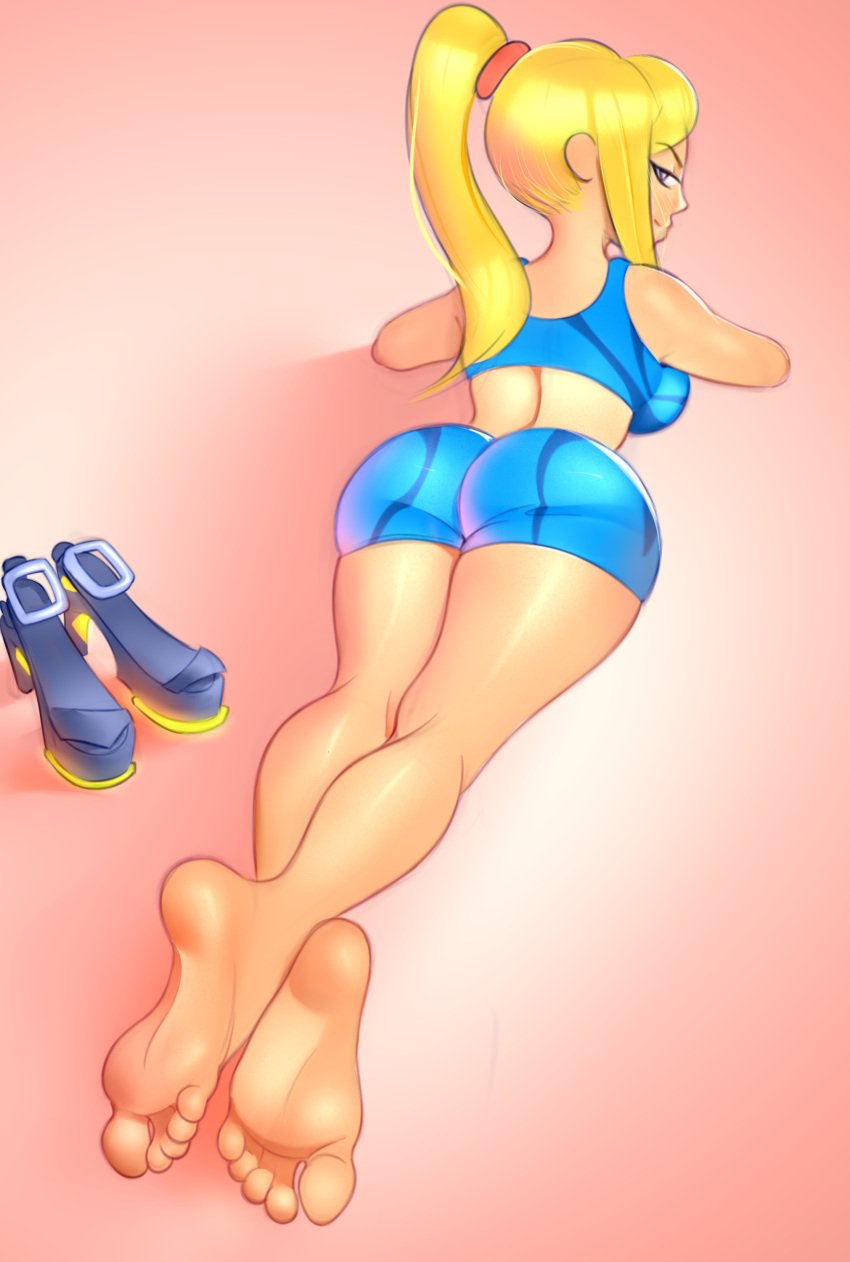 1girls 5_toes ass ass barefoot blonde_hair breasts breasts feet female female_only kamilong legs metroid ponytail samus_aran shoes_off shoes_removed soles solo solo_female toes