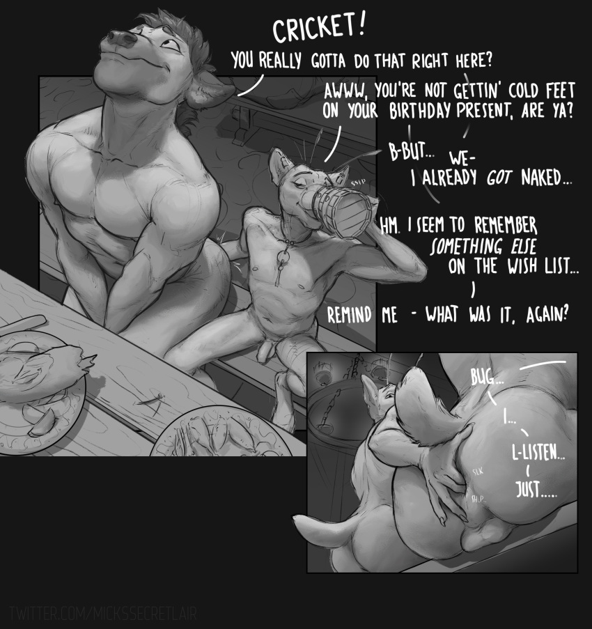 2024 absurd_res alcohol amulet anal anal_fingering anal_sex anthro anthro_on_anthro anthro_penetrated anthro_penetrating anthro_penetrating_anthro ass backsack balls beverage big_butt big_muscles birthday black_border border comic dialogue domestic_cat drinking duo english_text eyebrows felid feline felis fingering fingering_partner food fur genitals greyscale hair hairless hi_res holding_beverage holding_mug holding_object hyena inside jewelry larger_penetrated looking_pleasured male male/male male_penetrated male_penetrating male_penetrating_male mammal mickey_the_retriever monochrome mug multiple_scenes muscular muscular_anthro muscular_male narrowed_eyes navel necklace nipples nude pecs penetration perineum plate public public_nudity public_sex sex sitting size_difference skinny skinny_anthro skinny_male small_dom_big_sub tavern text tuft url