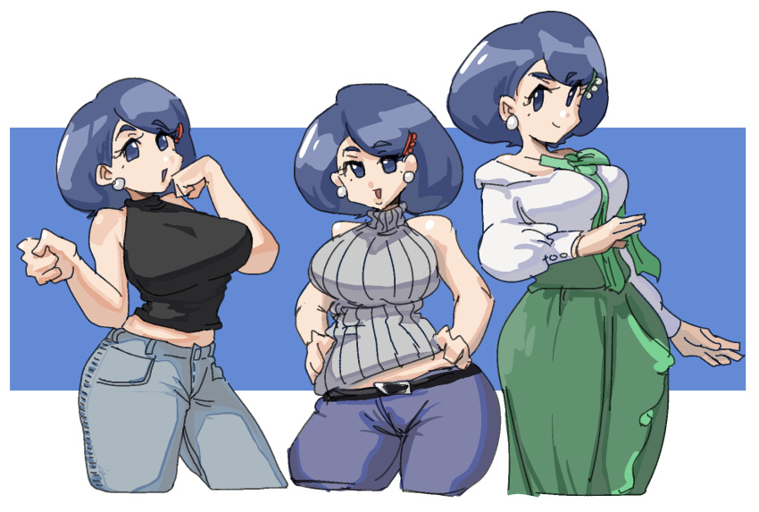 1girls beauty_mark big_breasts blue_hair bob_cut breasts curvy earrings hair_accessory hairclip hairpin hands_on_hips jeans johanna_(pokemon) leebongchun mature mature_female midriff milf mole mole_under_eye mom_jeans mother multiple_outfits open_mouth pearl_earrings pokemon short_hair shoulderless_shirt shoulderless_topwear sweater turtleneck wide_hips