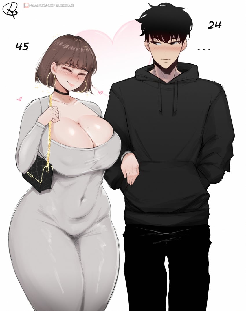 1boy 1girls age_difference almualim black_hair breasts brown_hair dress female height_difference huge_breasts kim_sohee_(almualim) light-skinned_female light_skin male mature_female milf mother older_female older_woman_and_younger_boy original original_character short_hair simple_background smile son thick_thighs tight_clothing wide_hips younger_male