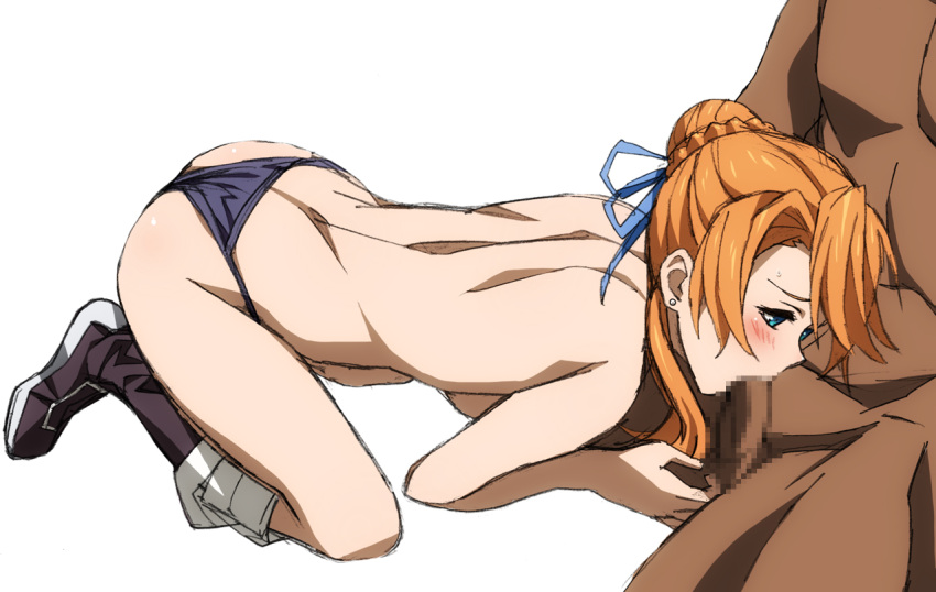 1boy 1girls black_panties blowjob blue_eyes blue_ribbon blush boots dark-skinned_male dark_skin fellatio female hair_bun hetero laxia_(ys) light-skinned_female light_skin mokke oral orange_hair pale-skinned_female panties redhead ribbon single_hair_bun straight sweatdrop underwear ys ys_viii_lacrimosa_of_dana