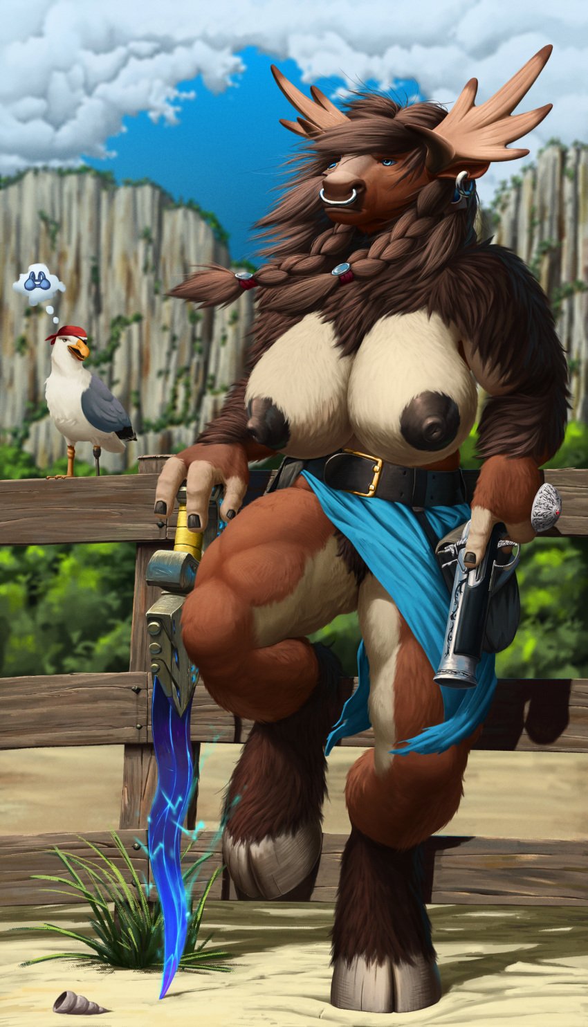 1girls absurd_res anthro areola avian bandana beach beak belt big_areola big_breasts big_nipples bird blizzard_entertainment blue_eyes bottomwear bovid bovine braided_hair breasts clothed clothing detailed_background digital_media_(artwork) duo ear_piercing ear_ring eye_patch eyewear facial_piercing feathers female female_only fur genitals gull gun hair handgun headgear headwear hi_res holding_gun holding_object holding_weapon huge_breasts kerchief lari larid mammal melee_weapon muscular muscular_anthro muscular_female nipples nose_piercing nose_ring nude open_mouth outside piercing pirate pistol ranged_weapon ring_piercing sand seaside septum_piercing sky solo solo_female standing sword tall_lizzard_(artist) tauren thick_thighs video_games warcraft weapon white_body white_feathers wide_hips