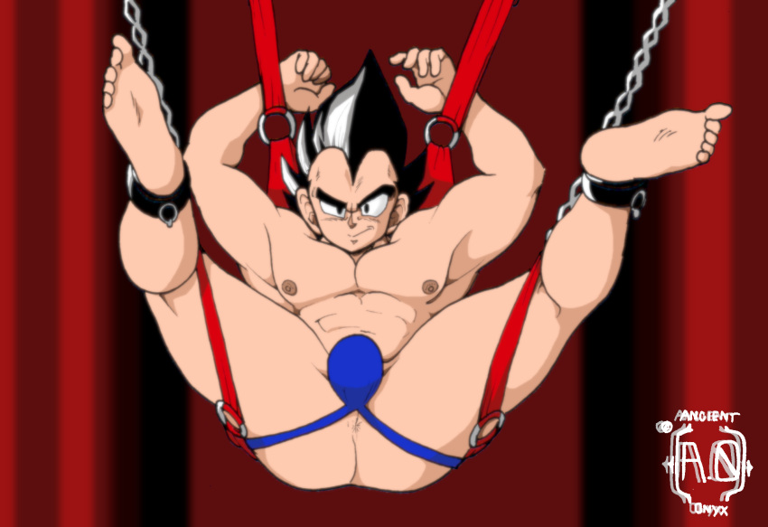 1boy ancient-onyx ass ass_focus balls bulge dragon_ball dragon_ball_z flaccid gay jockstrap male male_only muscles penis saiyan sex_swing solo solo_male spread_legs vegeta widow's_peak