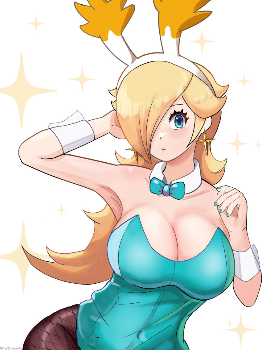 1girls blonde_hair blue_eyes breasts bunnysuit cleavage earrings female female_only hair_over_one_eye long_hair looking_at_viewer mario_(series) nintendo princess_rosalina solo star_bunny_(cosplay) super_mario_galaxy thedarkestuno