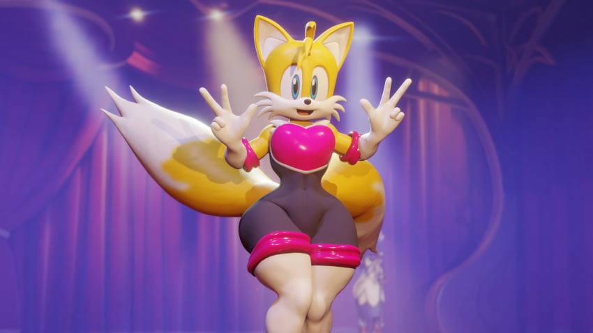 anthro bodysuit curvy_figure femboy kawaii male male_only neckline no_humans non-human non-human_only rouge_the_bat_(cosplay) sonic_(series) spandex_suit tails tails_the_fox thick_thighs twintails3d wide_hips