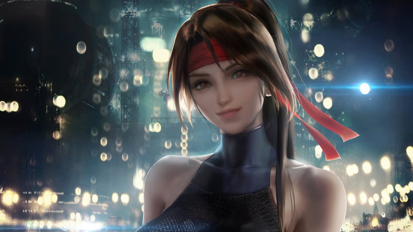 brown_eyes brown_hair ear_ring final_fantasy final_fantasy_vii final_fantasy_vii_remake jessie_rasberry looking_at_viewer red_bandanna sakimichan single_female