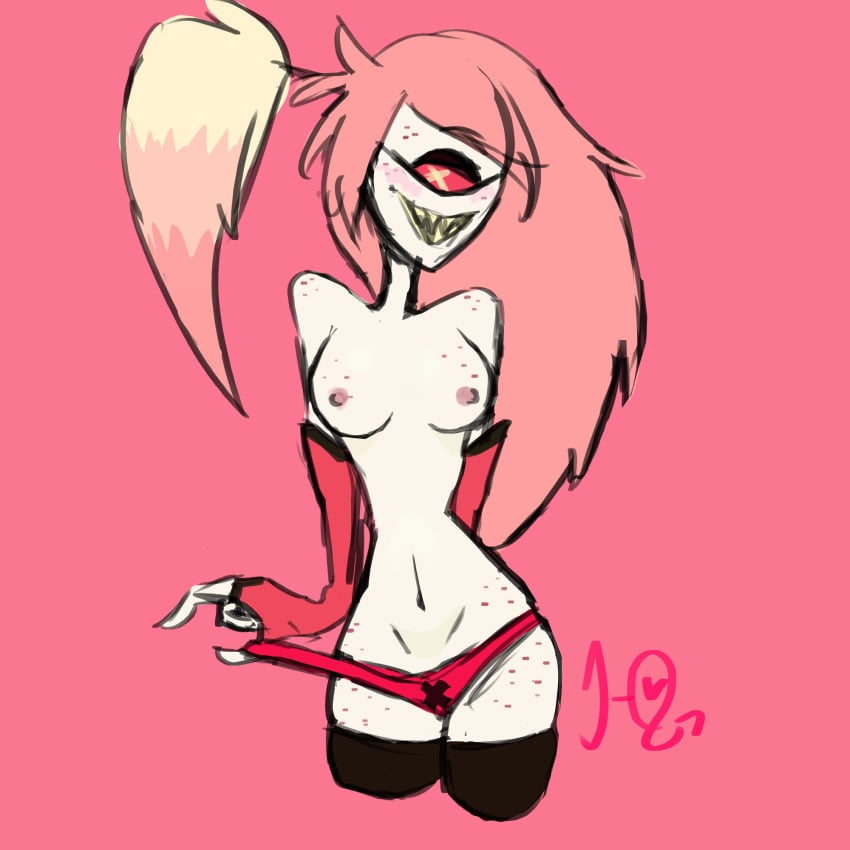 breasts cherri_bomb_(hazbin_hotel) demon_girl gloves hazbin_hotel hornyowlet one_eye panties red_hair seductive_look yellow_hair