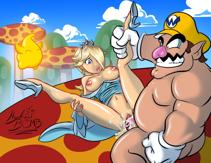 1boy 1girls blonde_hair breasts breasts_out brown_hair clothing crown cum cum_in_pussy dress duo ejaculation facial_hair fat fat_man female gloves grin hat high_heels human human_on_human hydra-bomb lipstick luma male male/female mario_(series) mushroom nintendo nipples nude nude_male_clothed_female obese obese_male overweight overweight_male penis penis_in_pussy princess princess_rosalina pussy royalty sex straight straight_sex super_mario_bros. wario white_gloves