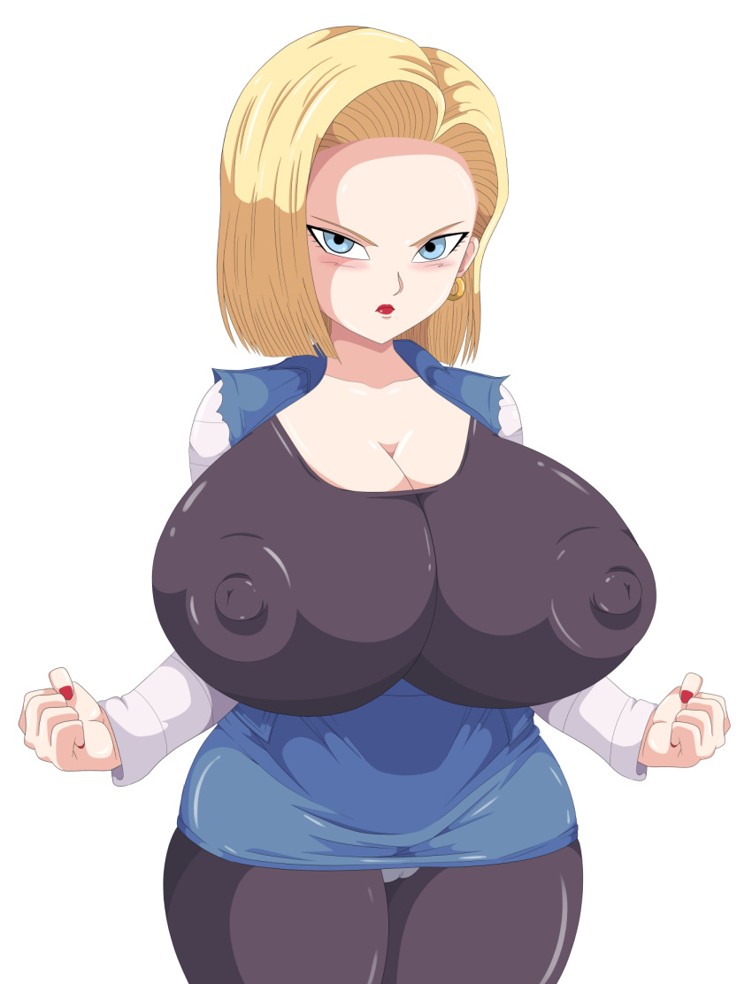 alternate_version_available android_18 blonde_hair dragon_ball dragon_ball_z erect_nipples erect_nipples_under_clothes huge_breasts miniskirt toshiso visible_underwear