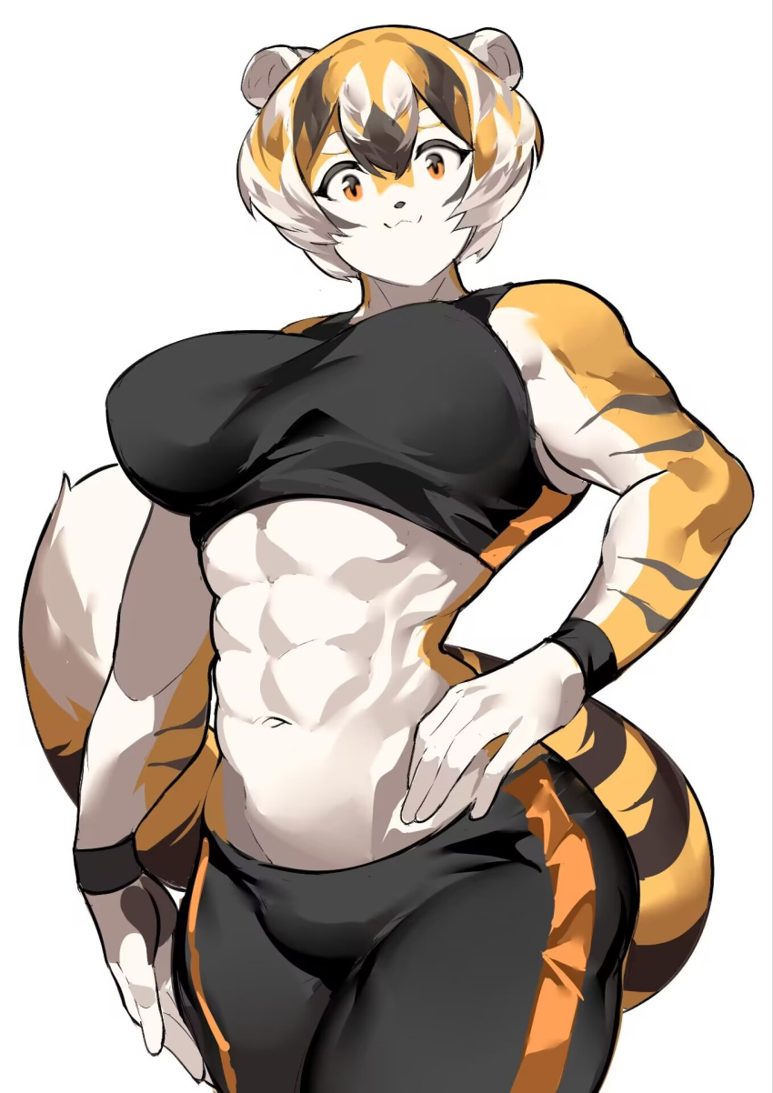 1girls abs big_breasts breasts female looking_at_viewer mei_xiang muscular muscular_female mx99926 oc original smile smiling solo solo_focus sports_bra sportswear striped striped_body striped_fur stripes tail thick_thighs wide_hips