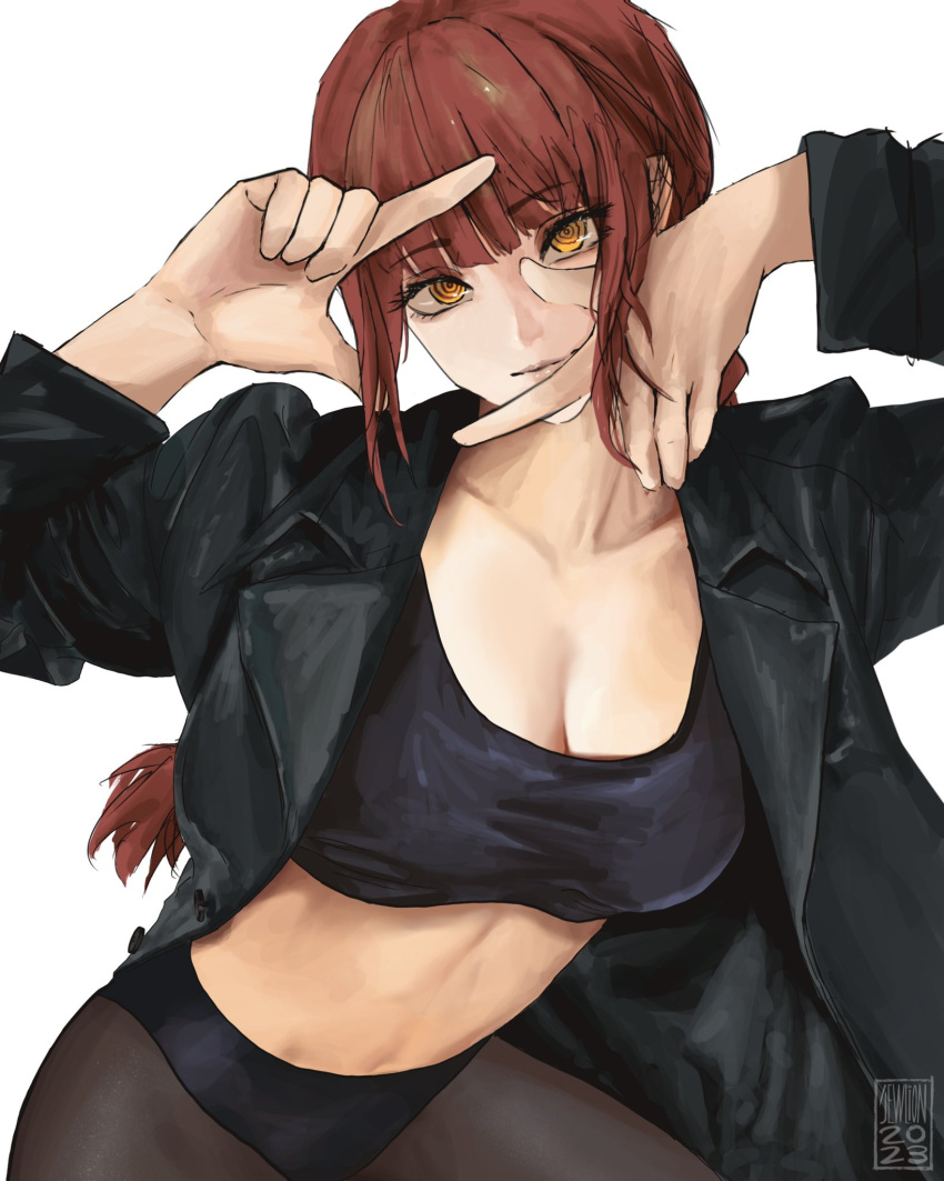 1girls black_jacket braided_ponytail breasts chainsaw_man cleavage crop_top finger_frame head_tilt jacket jacket_open looking_at_viewer makima_(chainsaw_man) midriff pantyhose red_hair ringed_eyes sidelocks solo taoro white_background yellow_eyes