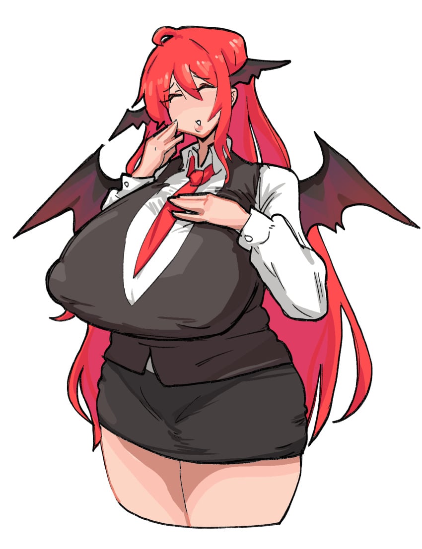 1girls ahoge bangs breasts closed_eyes collared_shirt devil_wings female hand_to_own_mouth huge_breasts koakuma large_breasts leebongchun long_hair nipples nipples_visible_through_clothing office_lady portrait red_hair red_tie secretary sidelocks succubus suit suit_vest tie touhou very_long_hair vest white_background wings wings_on_head