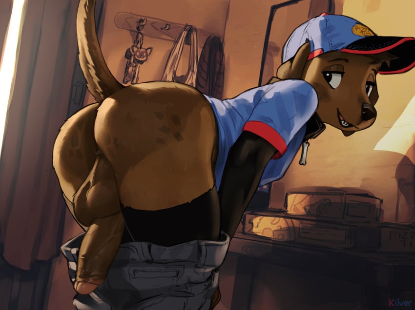 anthro ass bent_over bottomwear bottomwear_down brown_body brown_fur canid canine canis clothed clothing delivery_(commerce) delivery_employee domestic_dog employee_uniform erection floppy_ears foreskin fur genitals hat headgear headwear humanoid_genitalia humanoid_penis kilver male mammal pants pants_down partially_clothed penis presenting presenting_hindquarters shirt solo t-shirt topwear uniform