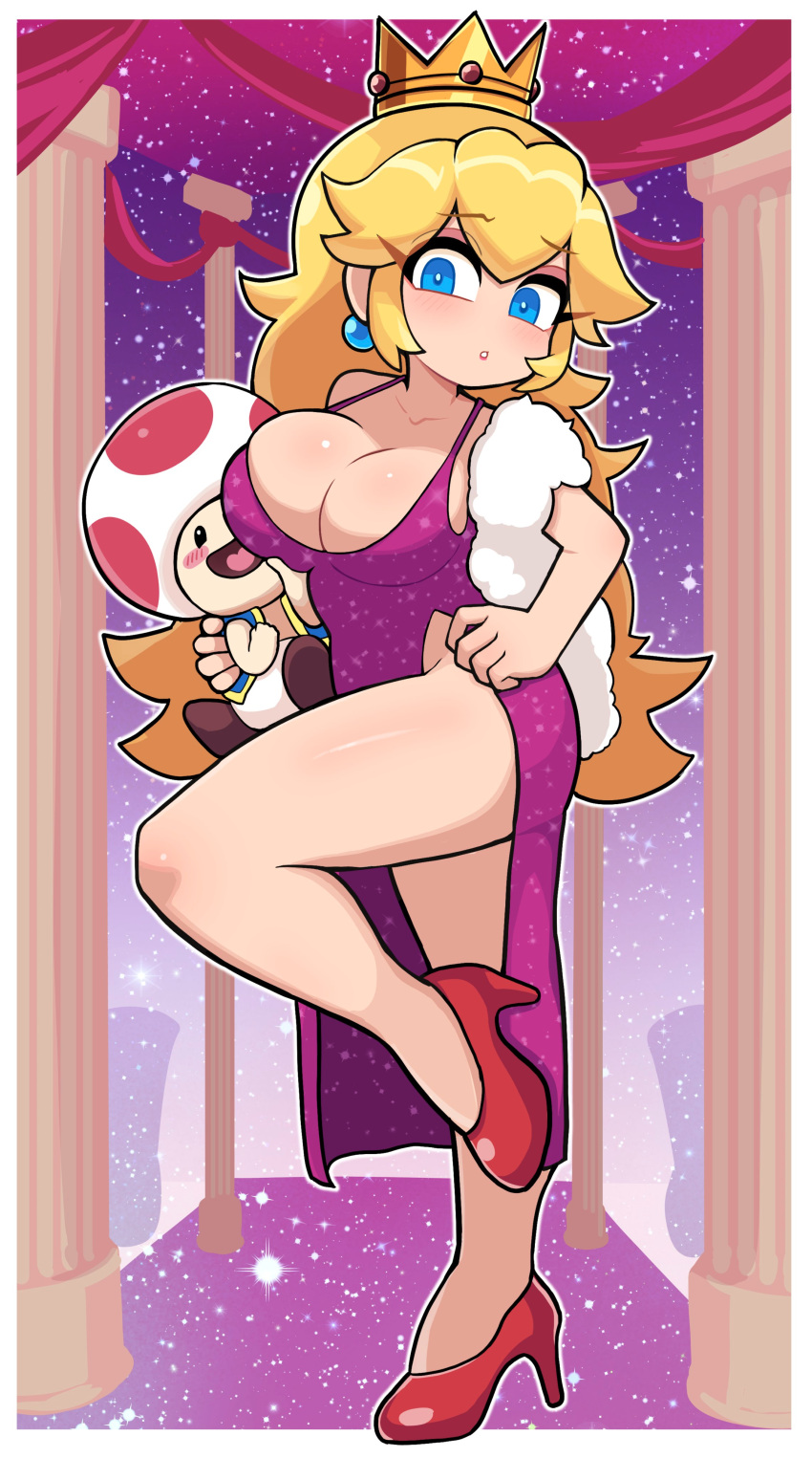 1boy 1girls 2024 big_breasts black_eyes blonde_hair blue_eyes blush breasts bursting_breasts busty cleavage crown dress earrings female female_focus hand_on_hip high_heels jimafy large_breasts long_hair male mario_(series) nintendo pink_lips pink_lipstick pose posing princess princess_peach purple_dress sensual super_mario_all-stars thick_thighs thighs toad_(mario)