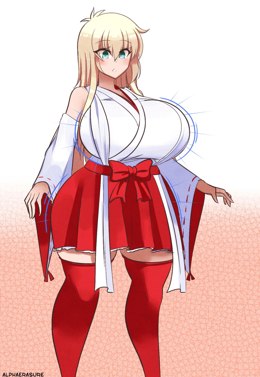 1girls alphaerasure ass_expansion big_breasts blonde_hair breast_expansion breasts green_eyes hourglass_expansion huge_breasts hyper_breasts kimono red_clothing red_legwear riding_up skirt thighhighs white_clothing