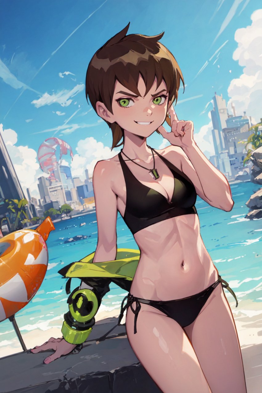 ai_generated beach ben_10 ben_tennyson bikini black_bikini bracelet brown_hair cleavage female female_ben genderswap genderswap_(mtf) green_eyes human necklace ocean omnitrix palm_tree rule_63 short_brown_hair short_hair small_breasts smirk two-piece_swimsuit