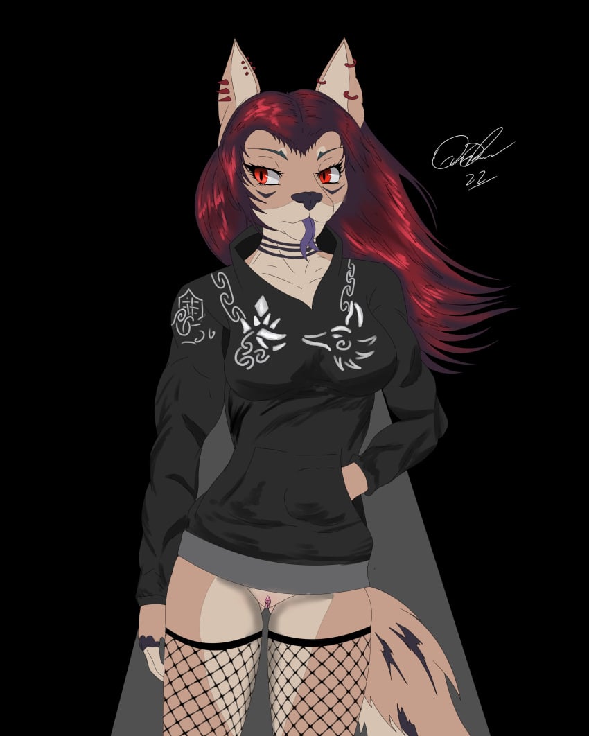 absurd_res anthro bottomless breasts canid canine canis clothed clothing digital_media_(artwork) dragon ear_piercing female fishnet fishnet_clothing fishnet_legwear forked_tongue fur gauged_ear genitals hair hi_res hoodie hoodie_only hybrid legwear looking_at_viewer lorelei_(lynxdts) lynxdts mammal nordic nordic_runes nude piercing pussy red_eyes red_hair simple_background solo squish stockings thigh_gap thigh_highs thigh_squish tongue topwear topwear_only wagon_(species) wolf